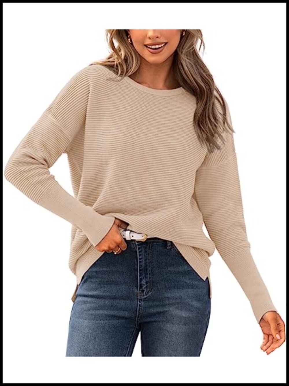 Women's Loose Fit Batwing Sleeve Ribbed Knit Crew Neck Pullover Sweater